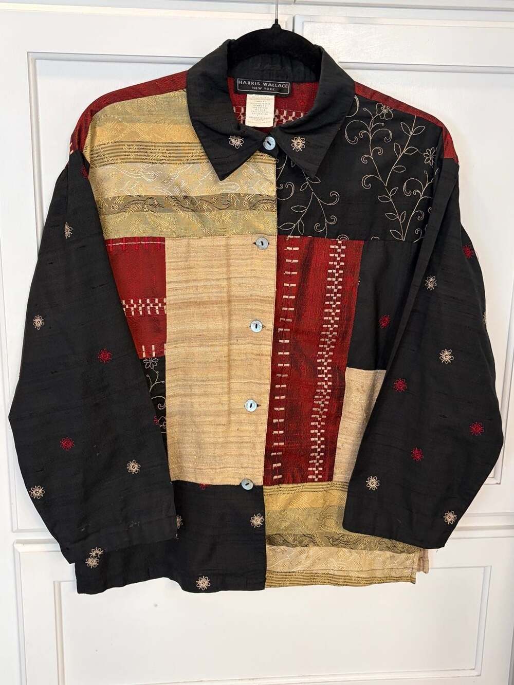 Vintage Harris Wallace New York Patchwork Silk Blend EmbroideredJacket Size S